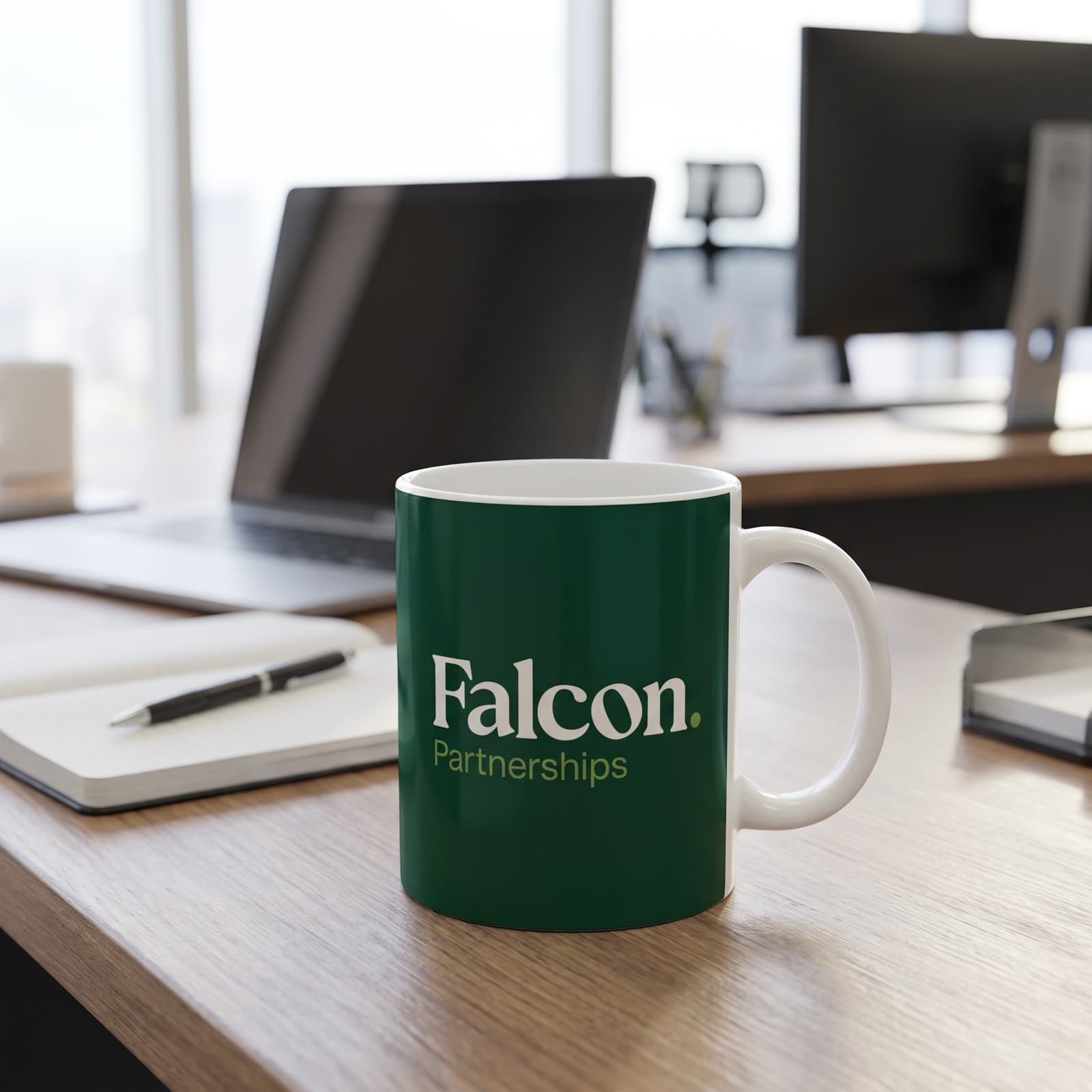 A Falcon Partnerships mug on a desk in the office