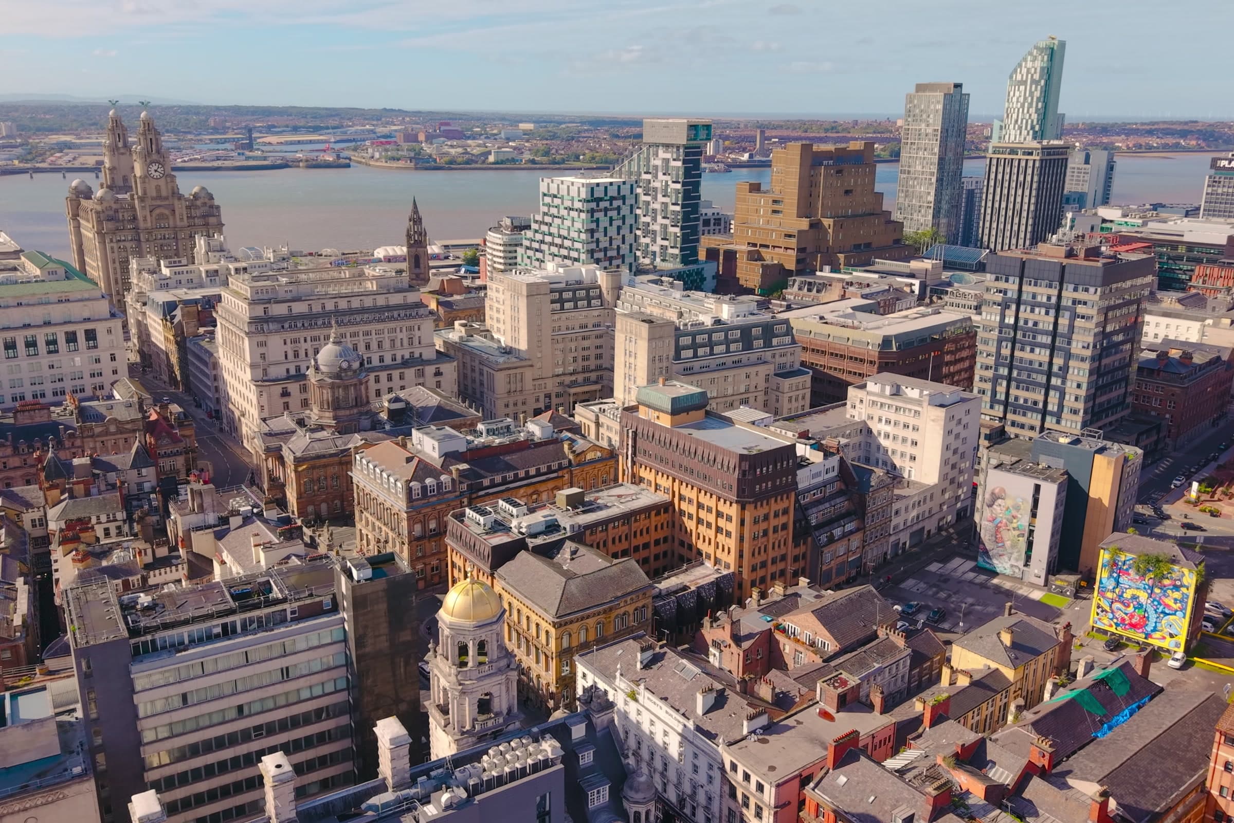 Liverpool’s commercial district from the air, October 2026. Imperial Exchange sits in these streets, two minutes from Moorfields