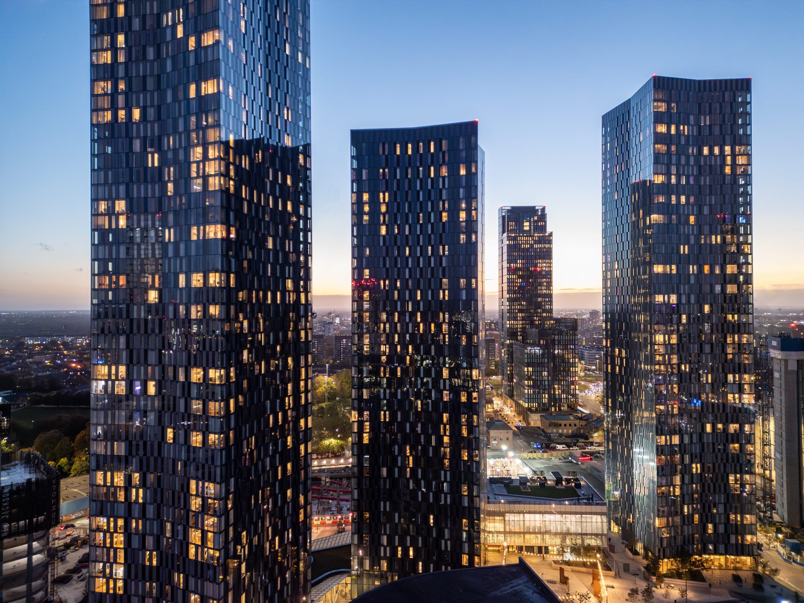 New residential towers in central Manchester at sunset