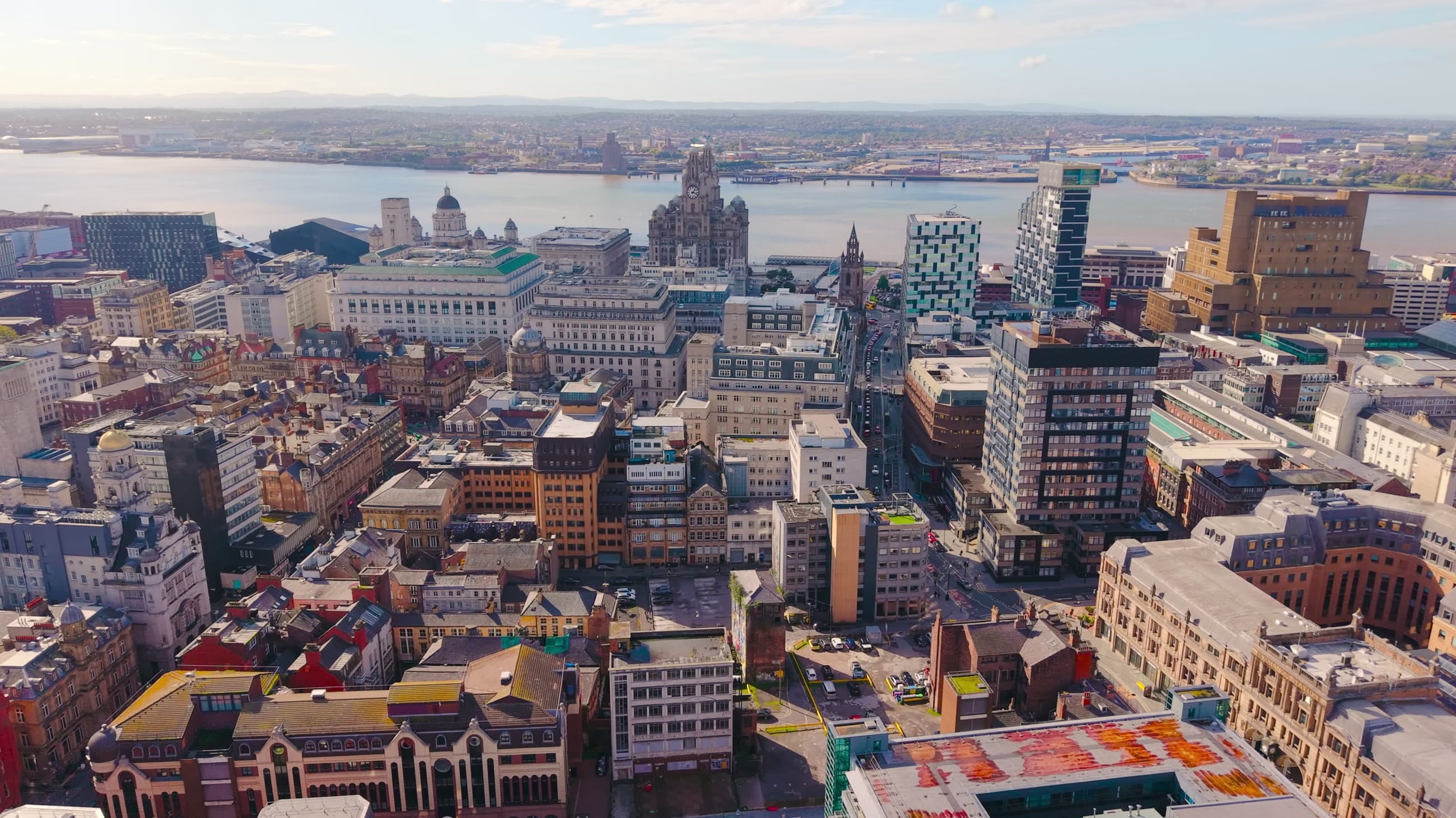 Liverpool’s commercial district and the Mersey from the air, October 2026